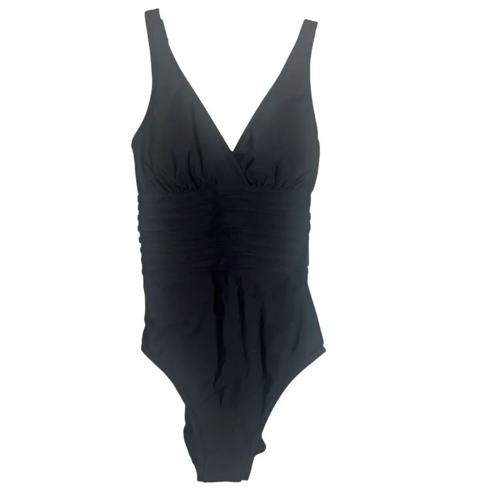 ✨Aqua Green Women's Surplice Trim Overlay Sz Small Black One Piece✨